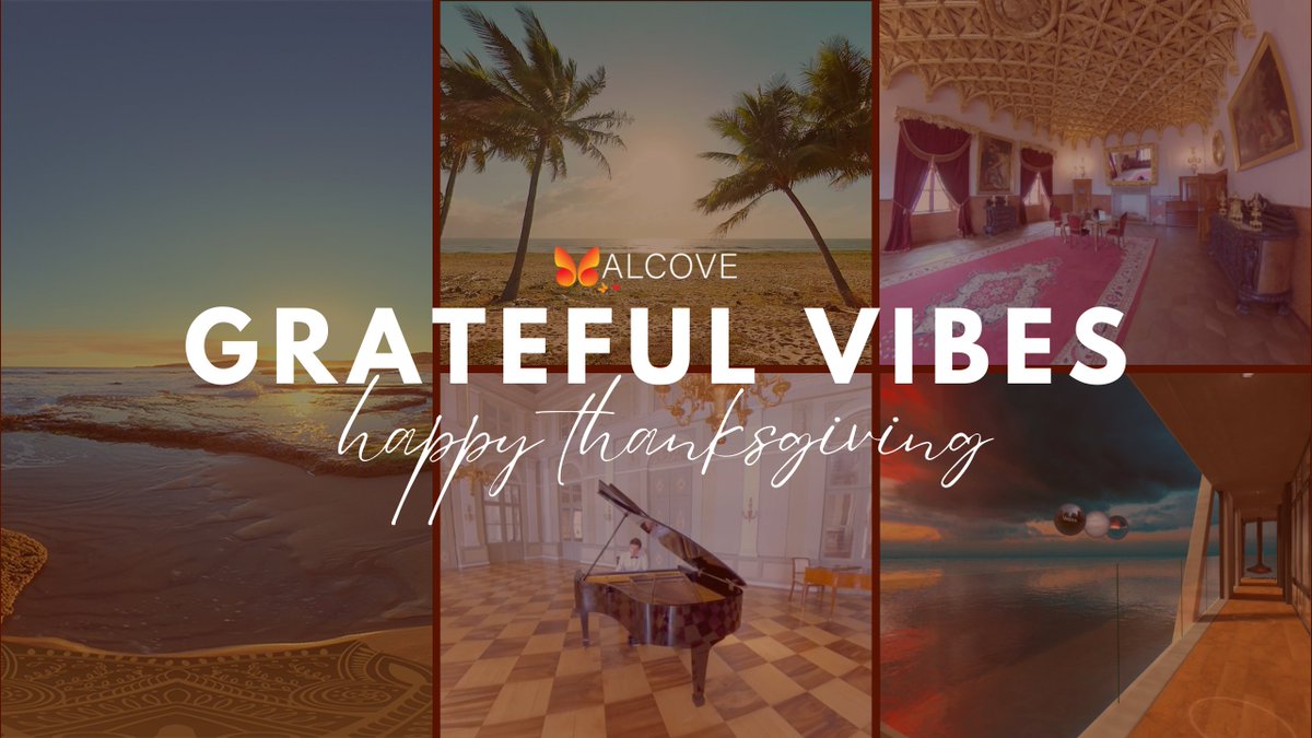 Happy Thanksgiving! Gather up to 3 friends and family for a beachside meditation, world travel, checkers, music performances, underwater dives, road trips &amp; balloon flights, no matter your distance in Alcove - your family corner in #VR  <a href="/MetaQuestVR/">Meta Quest</a> #virtualtravel #vibes