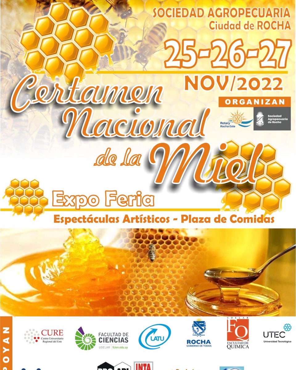GobiernoRocha's tweet photo. ℹ️CERTAMEN NACIONAL DE LA MIEL 

💬Por primera vez se realizará un Certamen Nacional de la Miel y será en nuestro departamento este 25,26 y 27 de noviembre.

👉Con entrada totalmente gratuita, este se desarrollará en la Sociedad Agropecuaria de Rocha. https://t.co/pYv6sWoSJK
