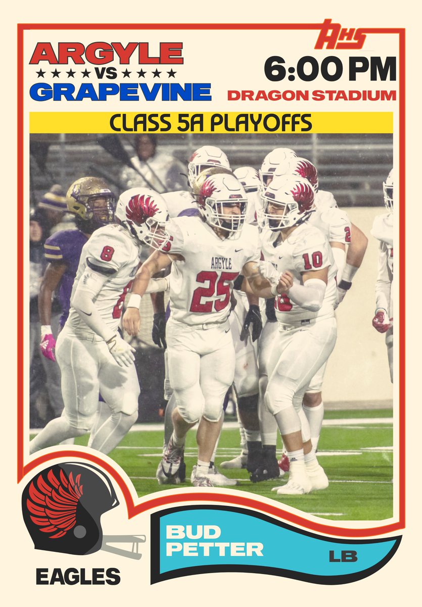 ArgyleISD's tweet photo. 🏈EAGLE PLAYOFF FRIDAY‼️

Argyle 🆚 Grapevine - 5A D2 Region I Semifinal
📅 Friday
⏰ 6 PM
🏟️ Dragon Stadium, Southlake (1085 Kimball Ave)
🎟️ $8/$6 - https://t.co/pd2EZ77Hy8
🚗 $5 online only - https://t.co/pd2EZ77Hy8
🎙 https://t.co/KNTjNkoi0B
📺 CW 33
📸 The Talon News https://t.co/lKWgX0WA8b