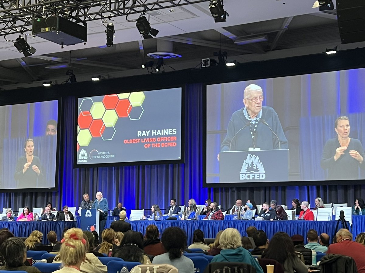 LiUNA1611's tweet photo. Wow! Incredible to hear from Ray Haines, @bcfed’s oldest living officer. #bcfed22 “We’ve still got a big job to do.” Outstanding intro from @rodmickleburgh, almost BC’s last labour reporter. https://t.co/moKBtzpqB2