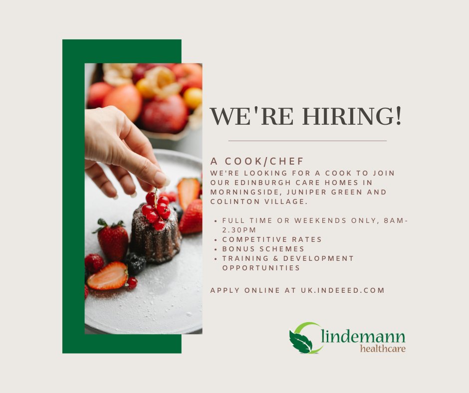 #HIRINGNOW We're “always looking for the best people to provide the best care” & we’re currently looking for a #cook to join our #Edinburgh #carehomes in #ColintonVillage #Morningside & #JuniperGreen.

Full time or weekends only, apply at indeedhi.re/3AIpSbU

#EdinburghJobs