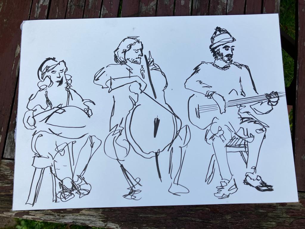 WatersDistant's tweet photo. Amazing sketch by Miles of us jamming @ Vookoo #BristolMusic if anyone needs a #cellist in #Bristol do get in touch 😘 https://t.co/pMvw3qEyZE