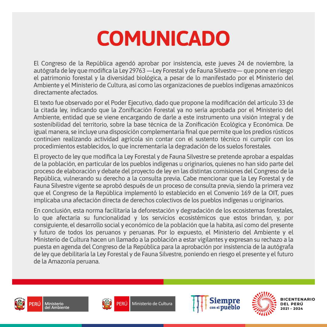 MinamPeru's tweet photo. 📢 #Comunicado | Hoy en el @congresoperu se pretende aprobar por insistencia la modificatoria de la #LeyForestal, que promueve la deforestación ilegal e invalida los derechos de los pueblos indígenas.
📰 Leer más 👉 https://t.co/tuwfyjca2I.
#TierraSoloHayUna 🌎 https://t.co/NTSooiFeho