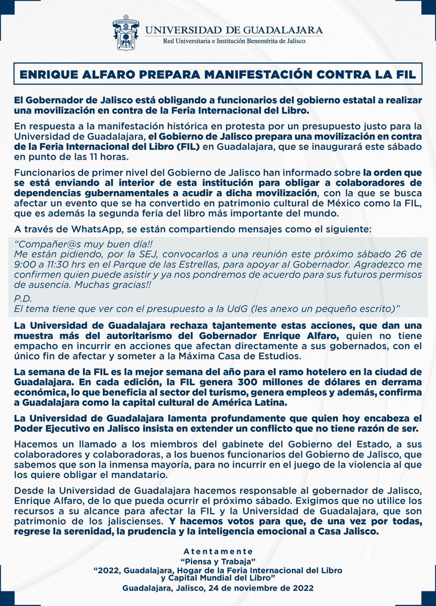 udg_oficial's tweet photo. 📢 #ComunicadoUdeG 

Como represalia a la manifestación que realizamos los universitarios por un presupuesto justo para la UdeG, el @GobiernoJalisco prepara una movilización contra la @FILGuadalajara. 👇

Responsabilizamos al gobernador por lo que pueda ocurrir el próximo sábado. https://t.co/3iq0EQgQbo