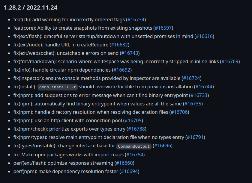 deno_land's tweet photo. A Thanksgiving special: Deno v1.28.2 has been released with many bug fixes and some performance enhancements.

As always, you can update now by running `deno upgrade` 🦕🆕

https://t.co/WtcpZn7QJi https://t.co/JwZC1G2t5N