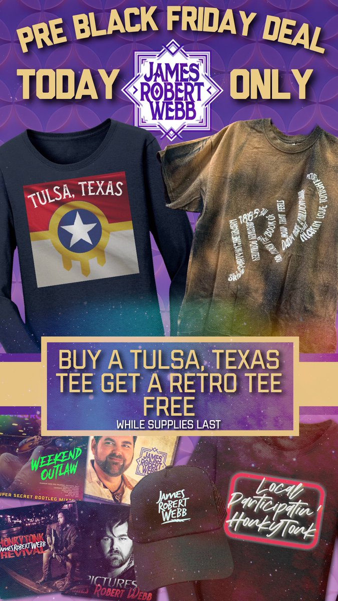 JamesRobertWebb's tweet photo. Got an early #BlackFriday for you #Tulsa #Texas fans. #bogo

https://t.co/Uks9wdPaqy

#texasmusic #TulsaKing #tulsaflag #westernswing #womenstee https://t.co/sGJj28dgif