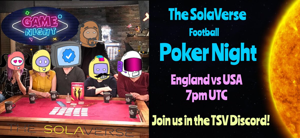 Marcus_20MTS's tweet photo. 🎲🎲The SolaVerse - LIVE Football Poker Night! 🎲🎲

Watch Live football together and Play Poker🥳

⚽️England vs USA⚽️

Join us in the Discord at 7PM UTC

@the_solaverse @Companions_NFT @OperationDawn_ 
@onlysenna_ https://t.co/AKAaRI2kc1