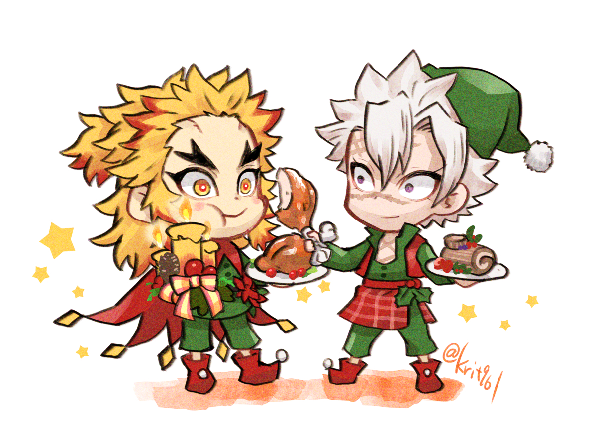 rengoku kyoujurou food multiple boys chibi 2boys blonde hair christmas scar  illustration images