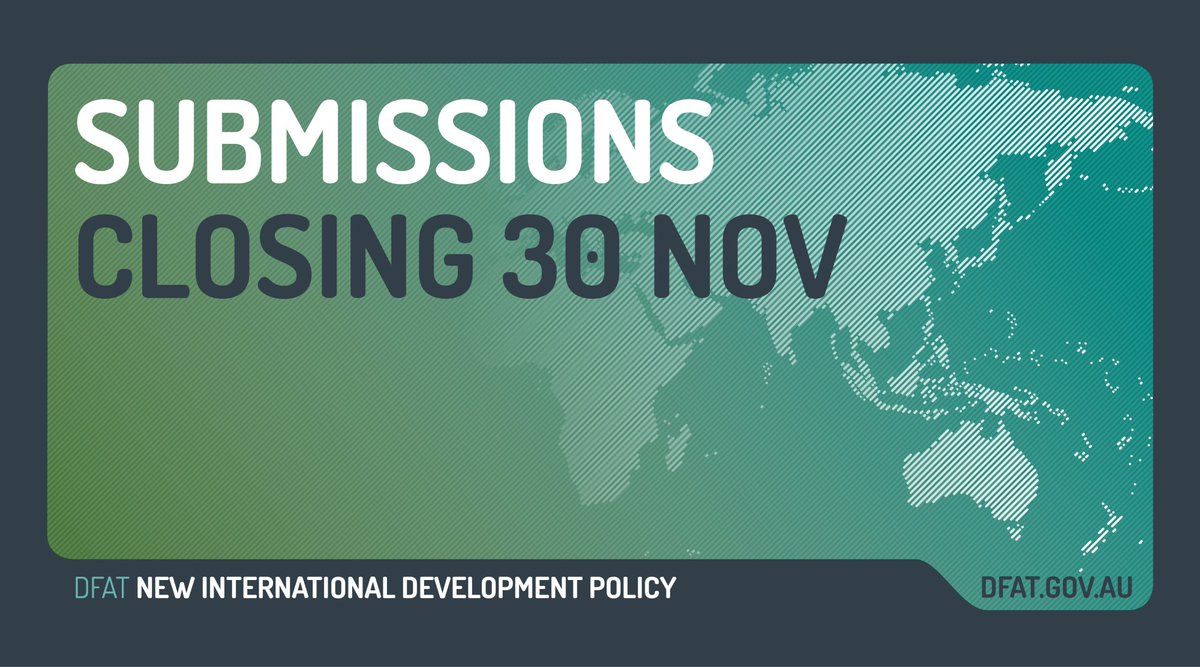 dfat's tweet photo. We are designing a new policy to set the long-term direction for Australia's international development engagement.
 
We remind interested stakeholders that submissions for the policy close on 30 November. #AusDevPolicy

More: https://t.co/uQ7NkHSmhW https://t.co/Br2mTlAMk8