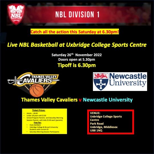 Come out and support the Cavs as we take Newcastle University, this Saturday the 26th of November at 6.30pm. Book early and save advance adults tickets only £6.00 plus service fee! Buy tickets early and save or buy at the door or in advance.

tvc-basketball.com