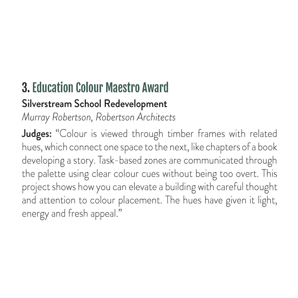Robertson_Archi's tweet photo. Those are nice words to end the week. Proud to have been recognised for our colour design work at Silverstream School with a Resene Colour Award. We look to make the most of every opportunity, no matter the project size. #nzarchitecture #learningenvironments #colourdesign https://t.co/smPRrpZ40g