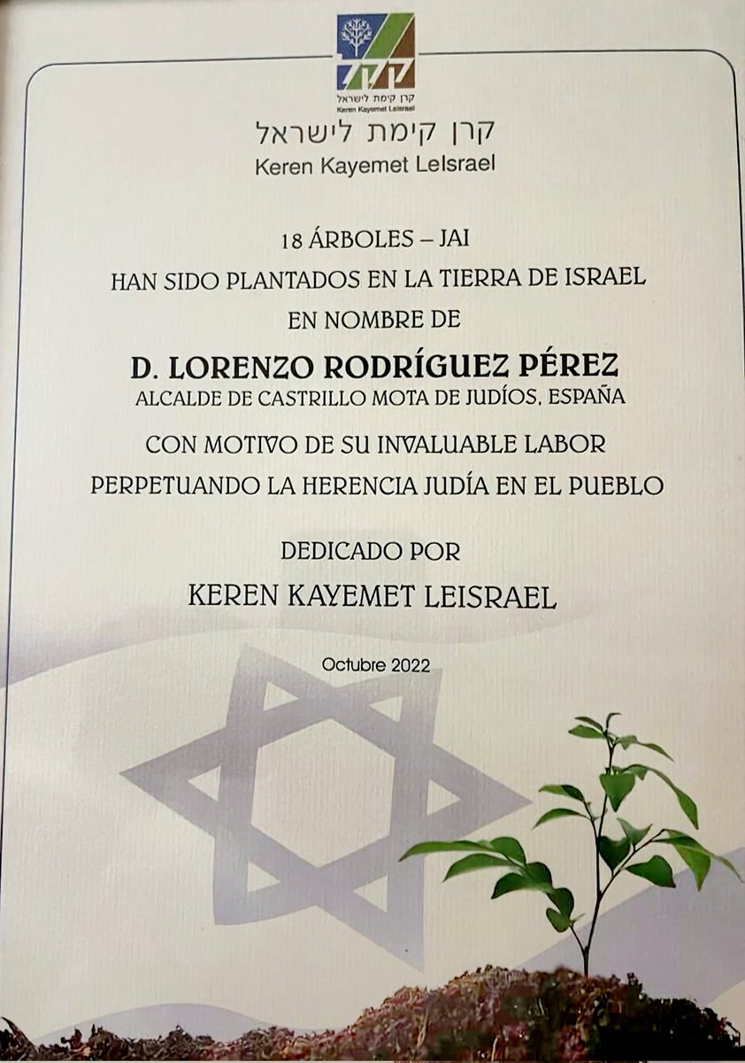 LorenzoRguez's tweet photo. Para mi es un honor que 18 Árboles - JAI crezca ya en Israel representando la gran labor que estamos haciendo en Castrillo Mota de Judíos. 

Cuando podamos volver a Israel mi compromiso es visitar esa plantación que representa nuestra lucha por la paz y la convivencia.

Gracias https://t.co/oYRhwBccBL