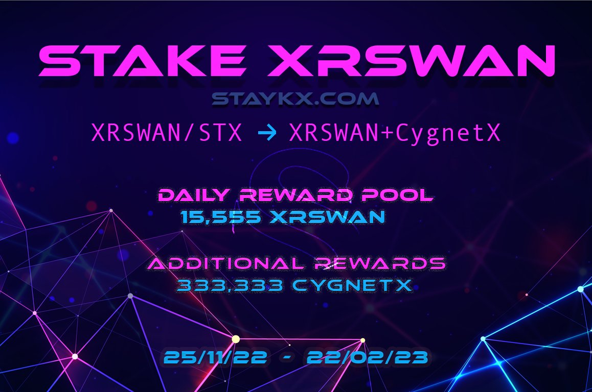 swanxr's tweet photo. Stake your #XRSwan tokens on @StaykX_ to earn rewards!
https://t.co/CqLMpr5G25
BEGINS: 25/11/22
#XRPL #SoftStaking #StakingRewards #XRSwan #StaykX #CygnetX @CygnetXOfficial https://t.co/YpeVp3NTdT