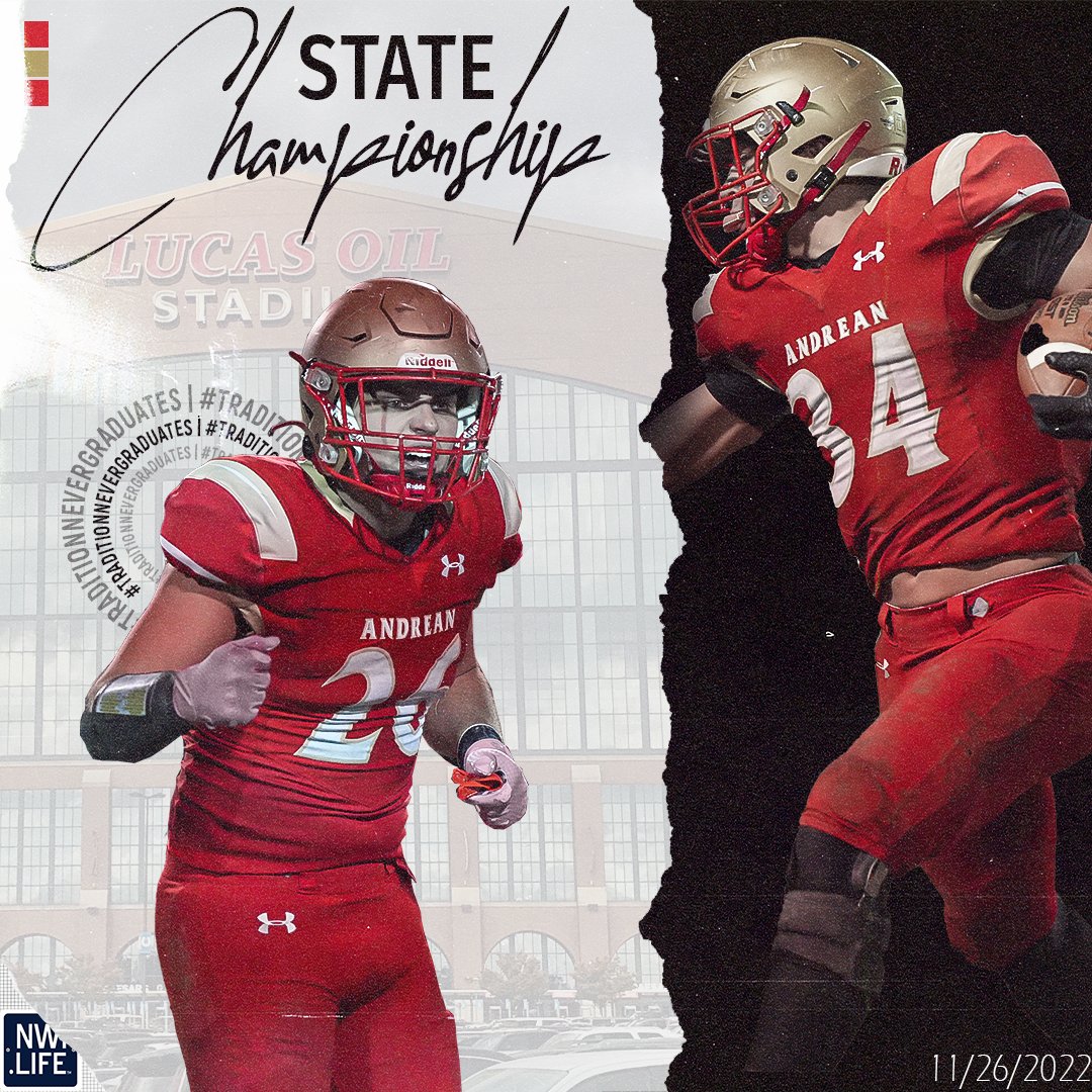 NWIndianaLife's tweet photo. 🟥 The Niners look to win back-to-back state titles! ⬜

Tomorrow, Andrean is set for a rematch with Evansville Mater Dei for the state championship! We're making the trip to Lucas Oil, so expect photos.  #TraditionNeverGraduates

@AndreanHigh @FootballAndrean @andrean59ers https://t.co/Js9pZUXOMS