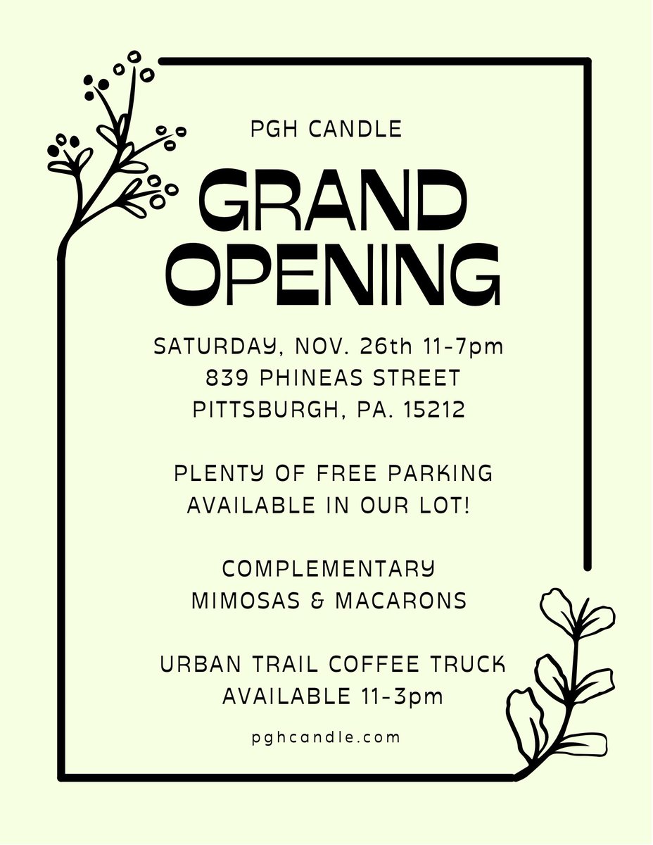 We are so excited to welcome our newest Northside neighbor, PGH Candle!! 

Join them for their grand opening on November 26th at their new storefront location at 839 Phineas Street!