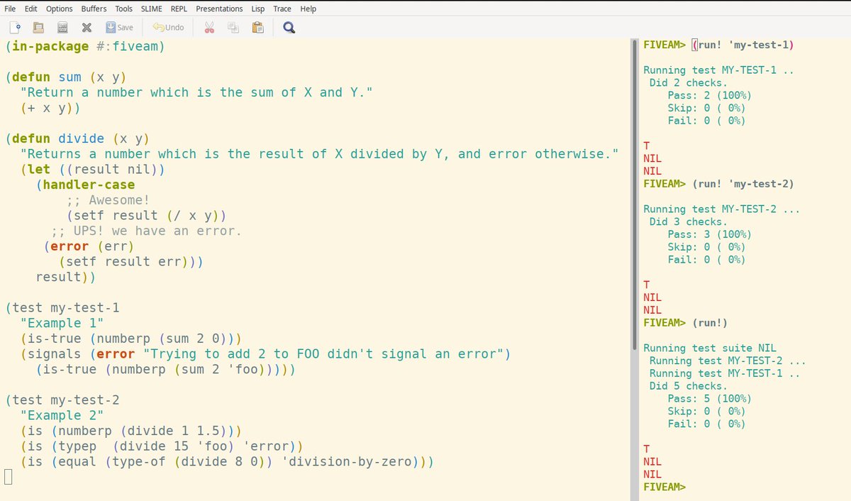 juanitojons666's tweet photo. Are you looking for a test framework in Common Lisp?
This is FiveAM, a common lisp testing framework.
FiveAM example:
https://t.co/vOctdVUI8e
#lisp #Coding #programming #fiveAM https://t.co/PSvoFgp3UK