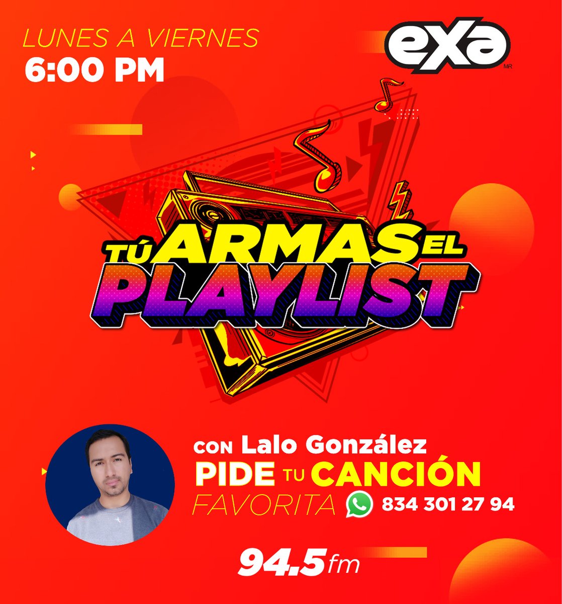 ExaVictoria's tweet photo. 🤩 Escucha EXA FM en vivo 📻
Pide tu canción al 📲 834 301 27 94
🔺 RADIO - EXA 94.5 FM
🔺 INTERNET- https://t.co/K51R4X6AW7
#CdVictoria #Tampico #MTY #CDMX #ExaVictoria https://t.co/J6UDX3NXYq