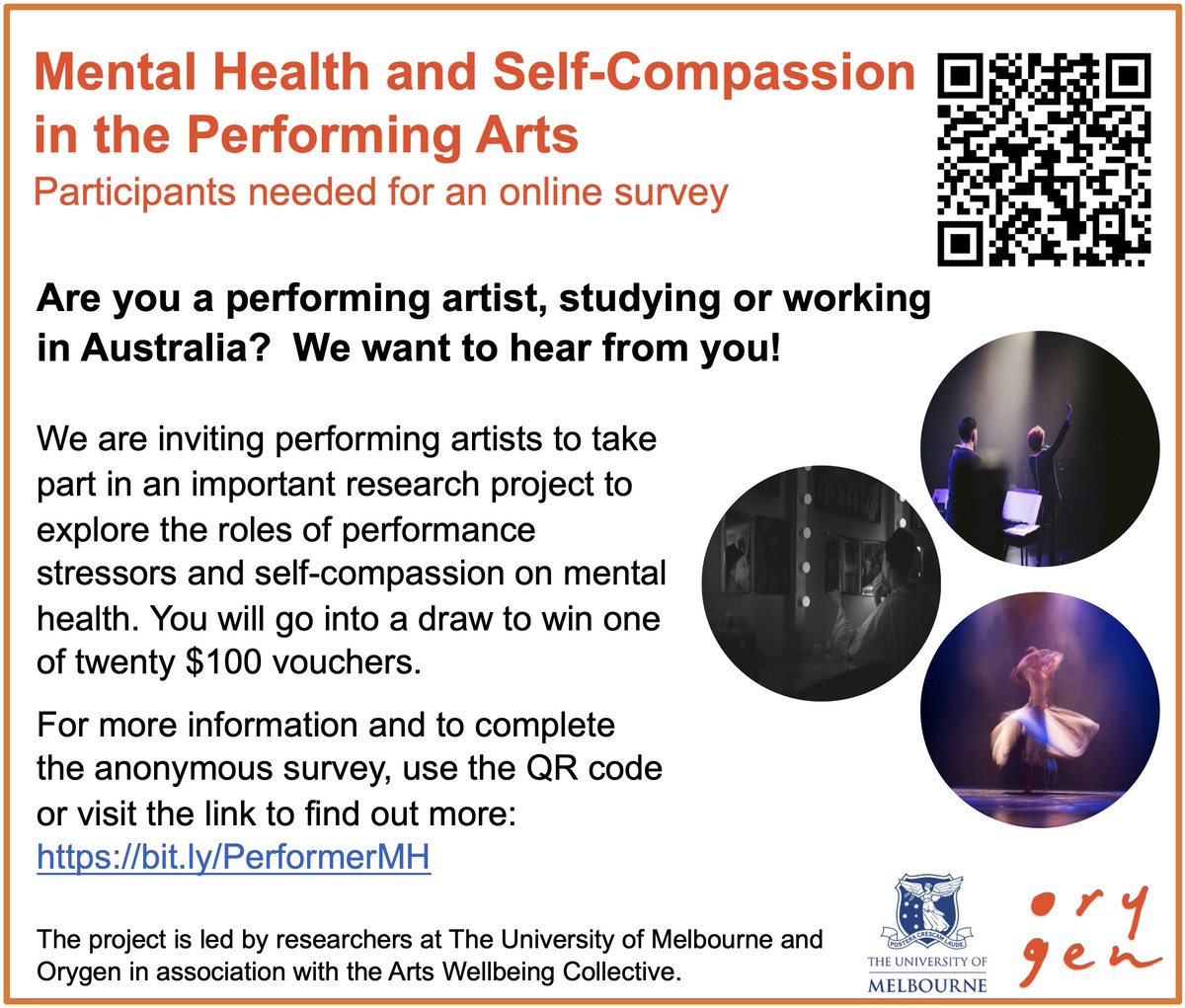 Courtney C Walton (@cc_walton) on Twitter photo So excited to begin collecting data on compassion, mental health, and the #performingarts. This work is in collaboration with <a href="/PEPsych/">Dr Margaret Osborne</a> <a href="/JamesNKirby/">James N. Kirby</a> <a href="/ClinPsyc/">Simon Rice</a>
Please see below for details, and we would really appreciate if you could RT/share!
bit.ly/PerformerMH So excited to begin collecting data on compassion, mental health, and the #performingarts. This work is in collaboration with <a href="/PEPsych/">Dr Margaret Osborne</a> <a href="/JamesNKirby/">James N. Kirby</a> <a href="/ClinPsyc/">Simon Rice</a>
Please see below for details, and we would really appreciate if you could RT/share!
bit.ly/PerformerMH