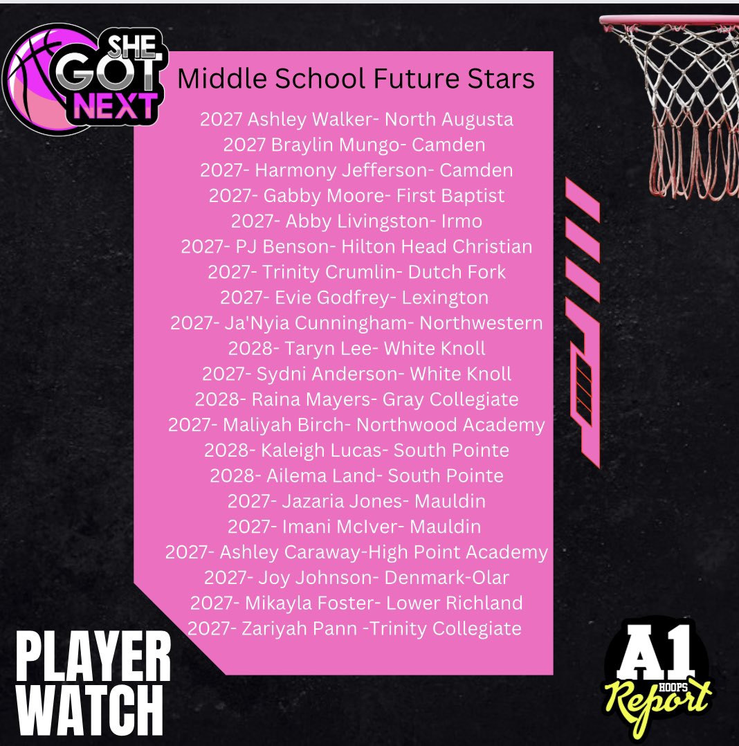 a1hoopsreport's tweet photo. 🚨🚨Rising Stars - These are the 7th and 8th Graders who made their high school teams that’s playing in She Got Next #a1certified #a1hoopscertified #shegotnextsc https://t.co/384Wk6T9kw