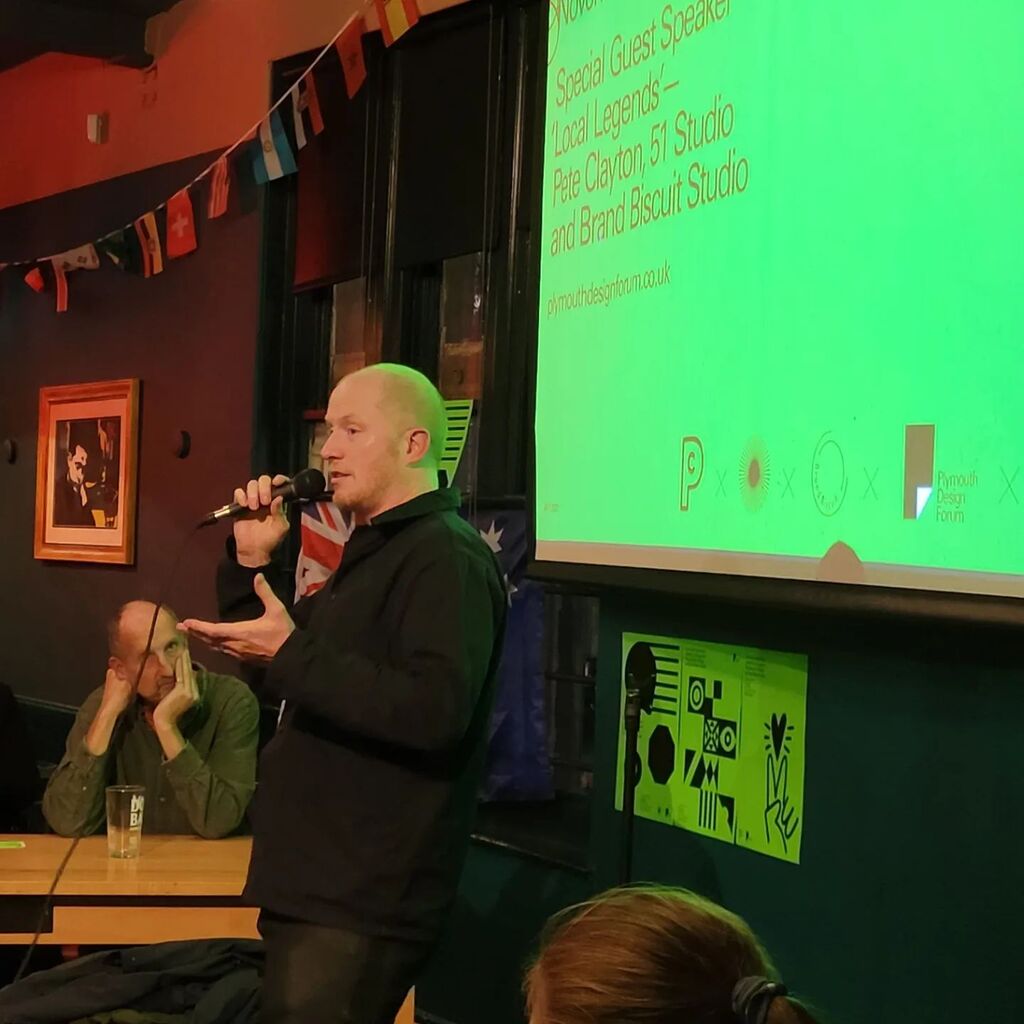 @plymouthdesignforum 's "Local Legends" event with Christina W. @brandbiscuitstudio , <a href="/peteclayton/">Pete Clayton | Illustrator, Animator & Designer</a> and @darrenfoleyfly presenting their works, and @suelewry (sorry for the photo of poor quality) running her @colossal_by_suelewry mobile screen printing wo… instagr.am/p/ClXKvErqUdi/
