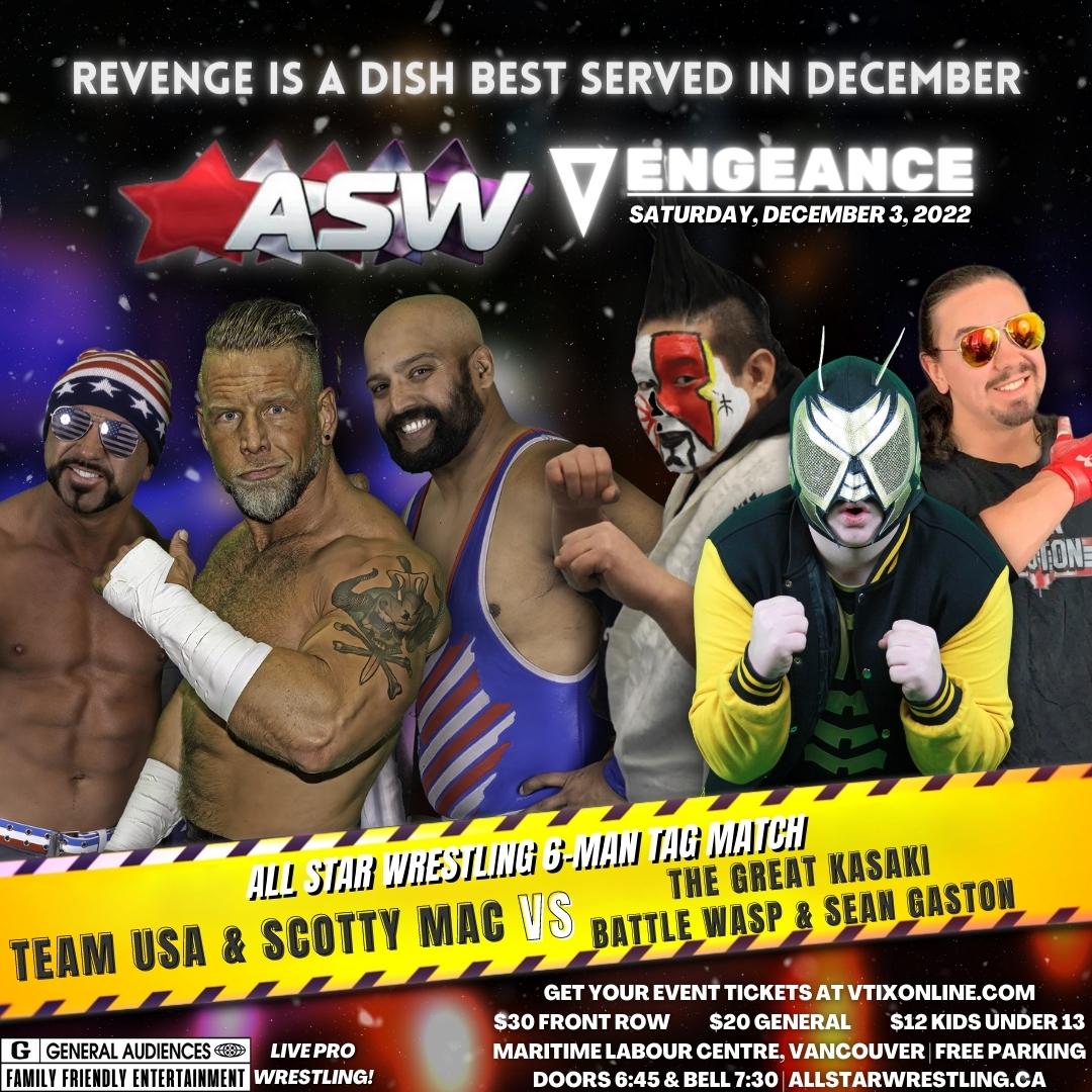 ASW CANADA (@aswcanada) on Twitter photo 6 man mayhem will hit on Dec. 3's ASW Vengeance!
The dastardly team of <a href="/AzeemTD/">Azeem The Dream</a>, <a href="/ChrisRyseck/">Christopher Ryseck</a> and <a href="/smacwrestling/">Scotty Mac</a> takes on the spirited team of <a href="/Kasakisan/">The Great Kasaki</a>, <a href="/BattleWasp2002/">BattleWasp</a> and Sean Gaston!
Not sure if one referee will be able to manage this one. Also, where's @ElliotTyler_? 6 man mayhem will hit on Dec. 3's ASW Vengeance!
The dastardly team of <a href="/AzeemTD/">Azeem The Dream</a>, <a href="/ChrisRyseck/">Christopher Ryseck</a> and <a href="/smacwrestling/">Scotty Mac</a> takes on the spirited team of <a href="/Kasakisan/">The Great Kasaki</a>, <a href="/BattleWasp2002/">BattleWasp</a> and Sean Gaston!
Not sure if one referee will be able to manage this one. Also, where's @ElliotTyler_?