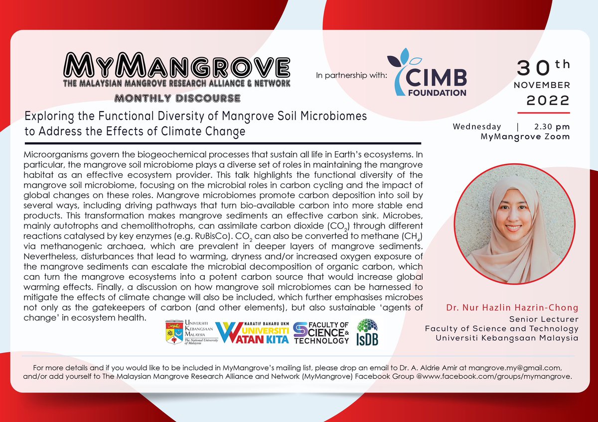 MyMangrove's tweet photo. MyMangrove Monthly Discourse November 2022 featuring @hazlin_85 of @fst_ukm. Join us Wednesday 30th November 2022, 2:30 pm MYT. Exclusive on MyMangrove Zoom. Reg. here: https://t.co/rFG17cMrS3. AAA. 25.11.2022. https://t.co/hxoNScf5uf
