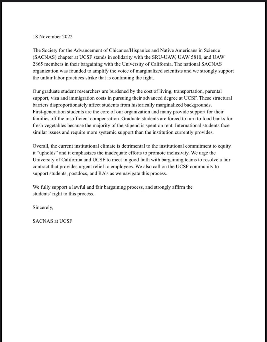 sacnasatucsf's tweet photo. The SACNAS at UCSF chapter stands in solidarity with the ongoing union strike. First-generation students are heavily burdened by the current UC system and we will be at the picket line until we receive a fair contract. #UAWonStrike @UCSF @sacnas https://t.co/zwJc2FVhC0
