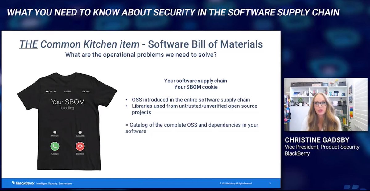 BlackBerry's tweet image. If you think food ingredient labels are complicated, try listing software ingredients! BlackBerry VP, Product Security @ChristineGadsby uses this analogy to break down what you need to know about security in the software supply chain. 

Watch now: bit.ly/3SGZIwg #BBSS22
