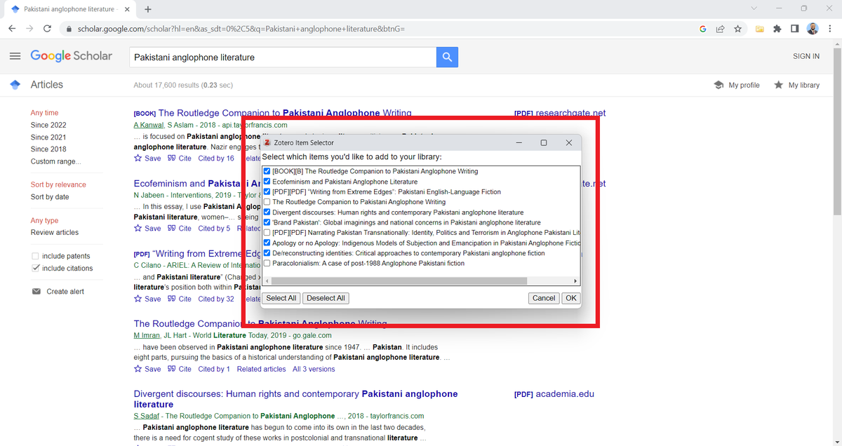 A screenshot of the Zotero Item Selector on a Google Scholar page.