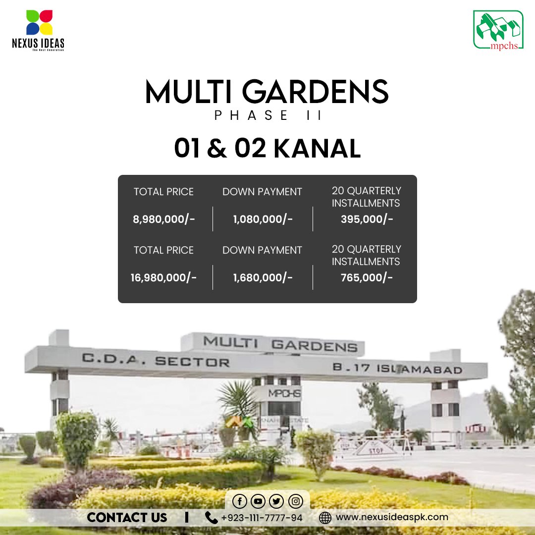 nexusideaspk1's tweet photo. Multi Gardens Phase II 1 and 2 kanal available. Invest now!

#NexusIdeas #realtors #realestate #realestateagents #RealEstateIslamabad #investment #MPCHS https://t.co/LoBaBxN3dG
