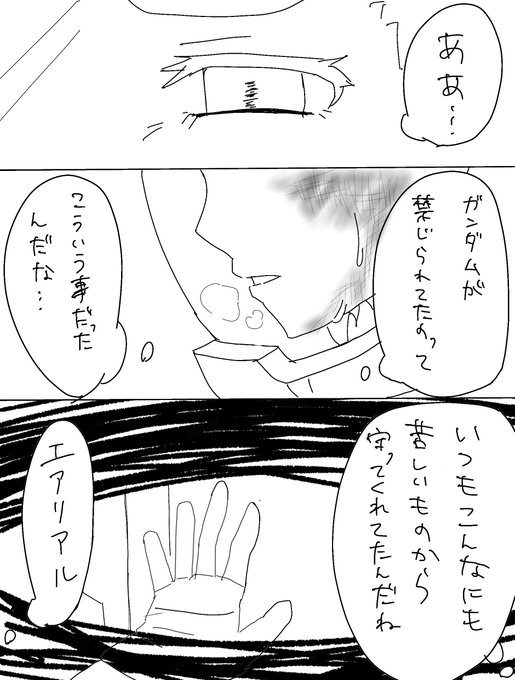 ガンダムの存在が影響して戦争が激化してしまった為に危うい立場になったミオリネを守る為、エアリアルの加護を奪われて人体に負荷を負いながらも戦うスレッタ、という感じの漫画です
(1/2) 