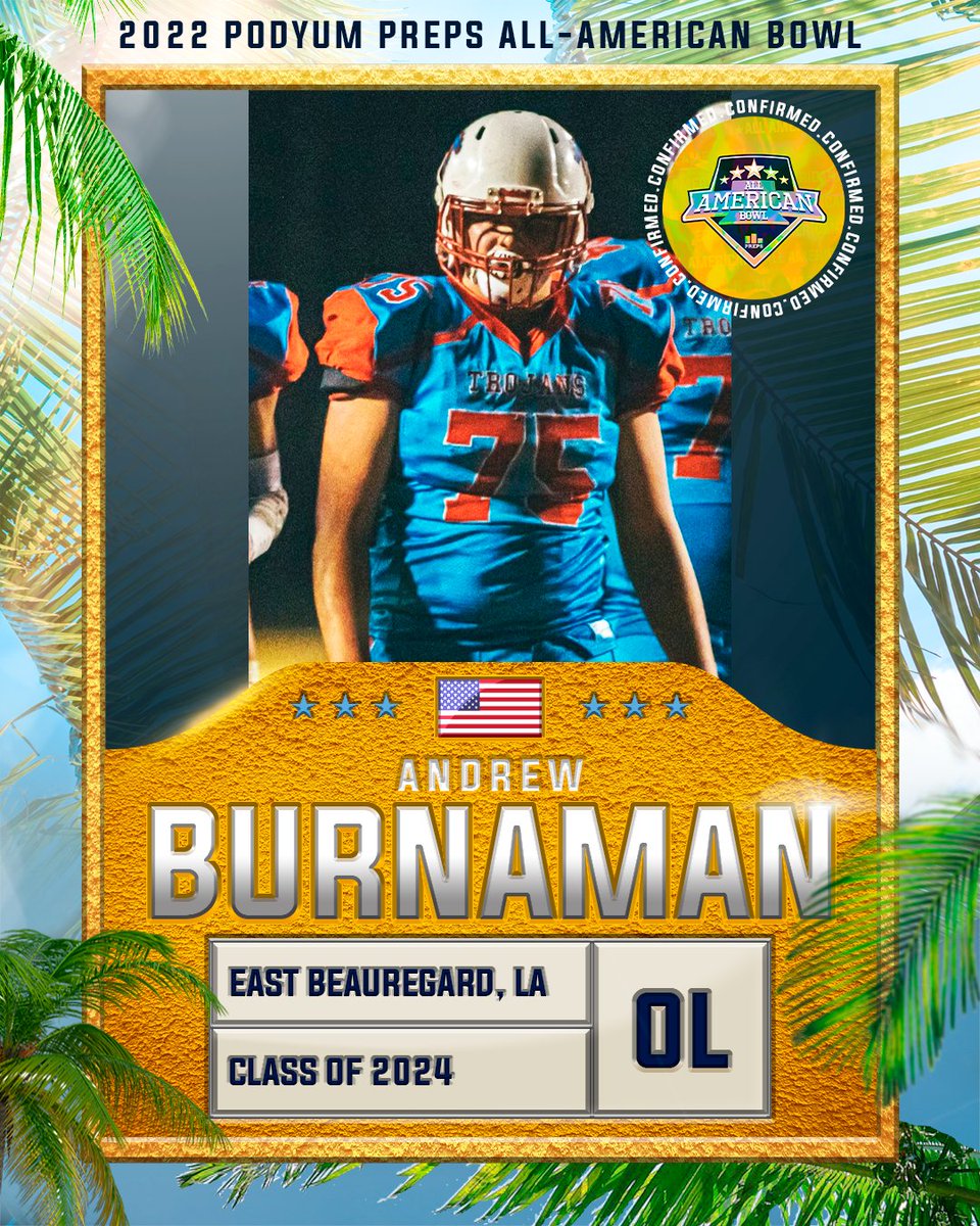 PP_All_American's tweet photo. 🚨 𝗖𝗢𝗡𝗙𝗜𝗥𝗠𝗘𝗗 🚨

Lineman @andyburnaman from East Beauregard (LA) has accepted his invite to the @PodyumPreps All-American Bowl!! See you in Miami!!
https://t.co/XHp1y7ApBr

#EarnYourLevel  #PPAllAmerican #Miami  #PodyumPreps #HSFootball #GetRecruited #BEPREPARED https://t.co/2EGuf8Om3n