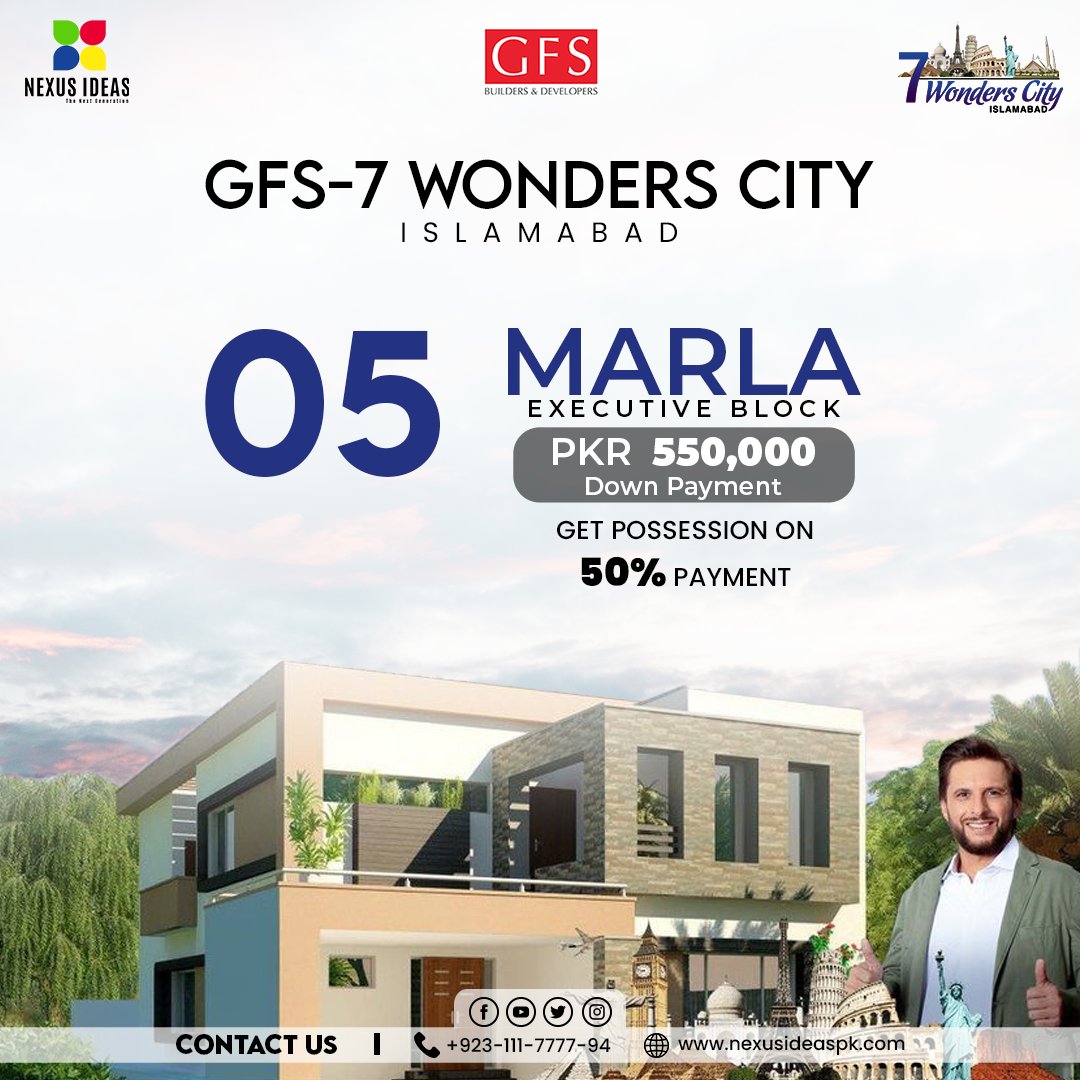 nexusideaspk1's tweet photo. GFS 7 Wonders City Islamabad 5 Marla available in executive block at PKR 550,000 Down payment.

You can get possession at just 50% payment. So what are you waiting for? Invest now.

#NexusIdeas #realtors #realestate #realestateagents #RealEstateIslamabad #GFS #7WondersCity https://t.co/o2yq00SdGs
