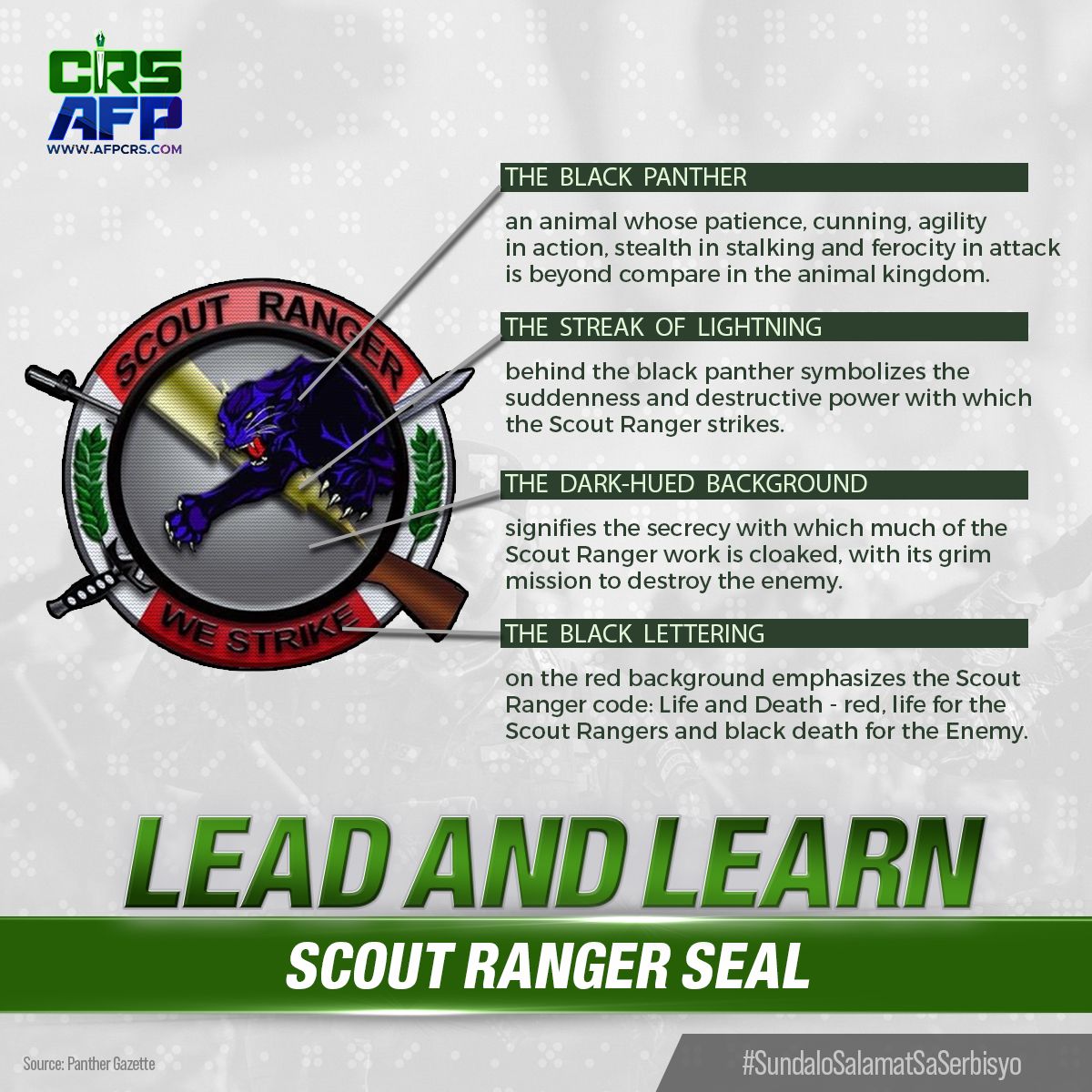 LEAD AND LEARN | SCOUT RANGER SEAL
Let's learn what the Scout Ranger Seal represents in connection with the 72nd Anniversary of the First Scout Ranger Regiment's foundation.
#AFPyoucanTRUST #SundaloSalamatsaSerbisyo #scoutranger #rangersleadtheway | afpcrs.com