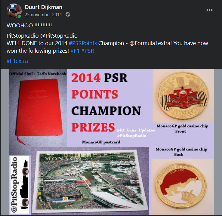 MsportXtra's tweet photo. Goodmorning. Facebook tells me that 8 years ago, I became the 2014 @PitStopRadio champion. It was hosted by @F1_Fans_Updates and a great show in which you could log into the chatroom and chat along with Sarah and guests. I still have all the prizes. #F1extra #MsportXtra https://t.co/0qVm3JFpho