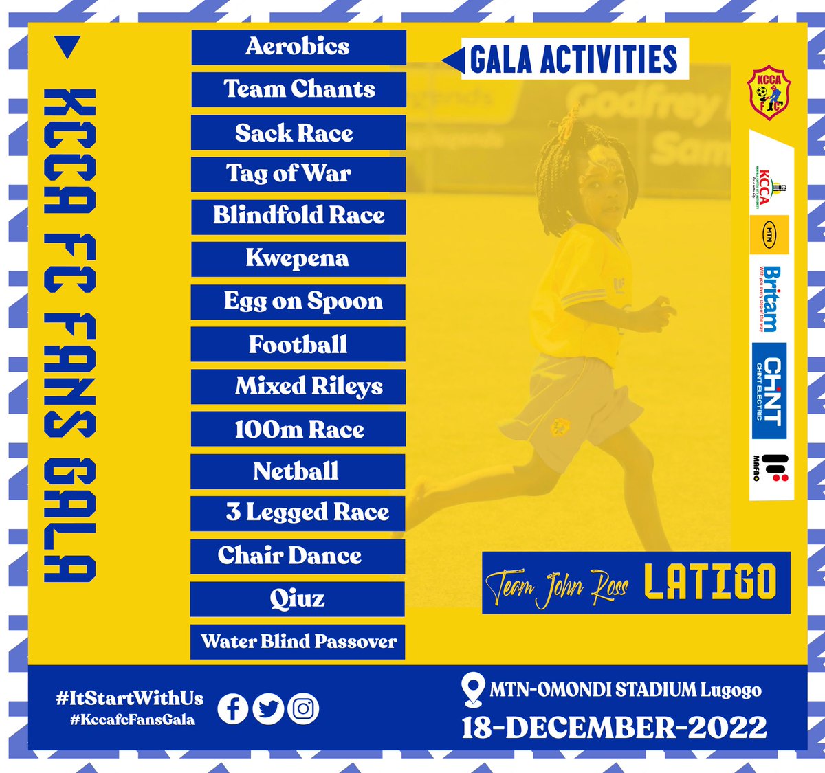 TeamLatigo's tweet photo. #CityzensInGreen 
It's Match Day @KCCAFC 💙💛

And here are some Games/Activities we shall have at the #KCCAFCFansGala. 

What Activity/Game do you look forward to 😛? 

#ItStartsWithUs @FanzoneKcca @ChintUganda @mtnug https://t.co/FQ1e2I7yQG
