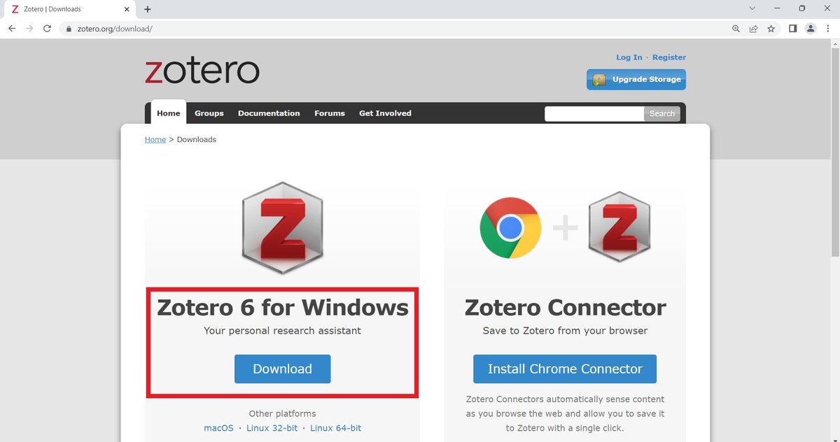 A screenshot of Zotero's homepage. A red rectangle highlights Zotero 6 for Windows and the "Download" button.