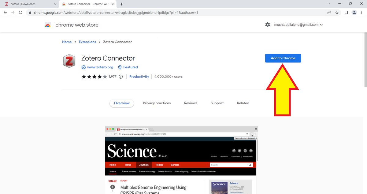 A screenshot of the Zotero Connector in the Chrome Web Store. A yellow arrow points to the "Add to Chrome" button.