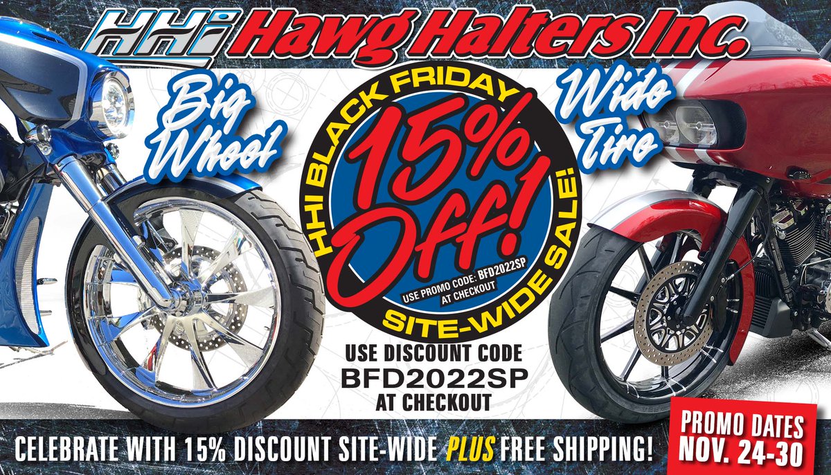 HawgHalters's tweet photo. Check out https://t.co/mCKCK86bkD for the latest parts for your Touring Bike and Hi-Performance Bagger. Black Friday pricing is in effect from Nov.24th to Nov.30th. Place orders online in our website, by E-Mail to sales@hawghalters.com or give us a at 1-877-442-5837. https://t.co/2OD4Rxu9Y6