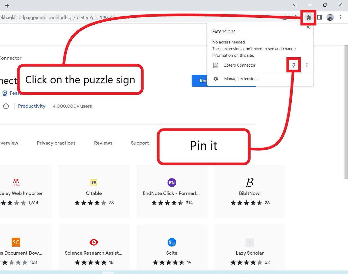 A screenshot of Google Chrome on Mushtaq's computer. A red rectangle points to the puzzle-like sign, and another to the pin button in the Extensions menu.