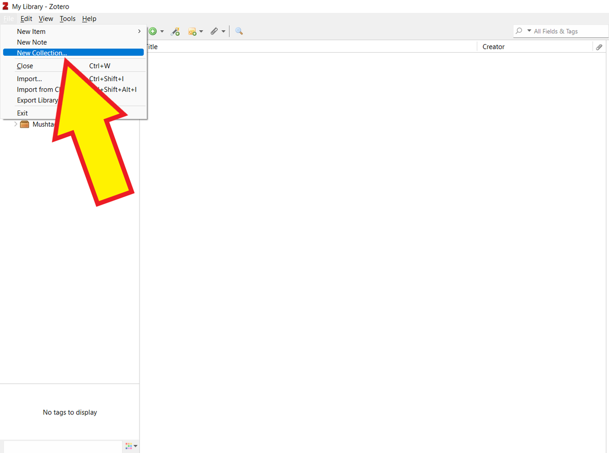 A screenshot of Zotero's main user interface. A yellow arrow points to "New Collection" in the "File" menu.