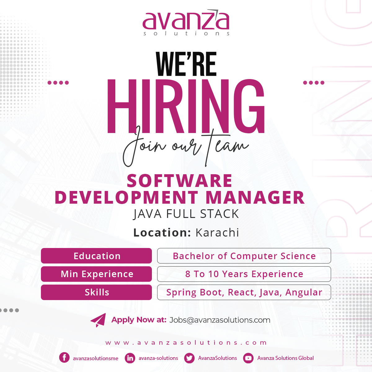 AvanzaSolutions's tweet photo. #HIRING ALERT!!

Position: #Software #DevelopmentManager
Experience: 8 to 10 years
Skills: #SpringBoot, #React, #Java, #Angular

With #AvanzaSolutions, you can achieve unmatched #growth and exposure to various #opportunities. Apply right away at jobs@avanzasolutions.com https://t.co/C9xbs68iT9