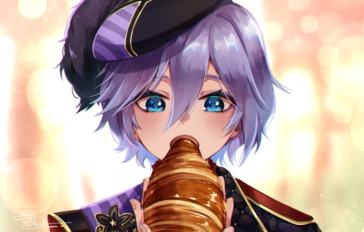 blue eyes food solo hat hair between eyes purple hair holding  illustration images