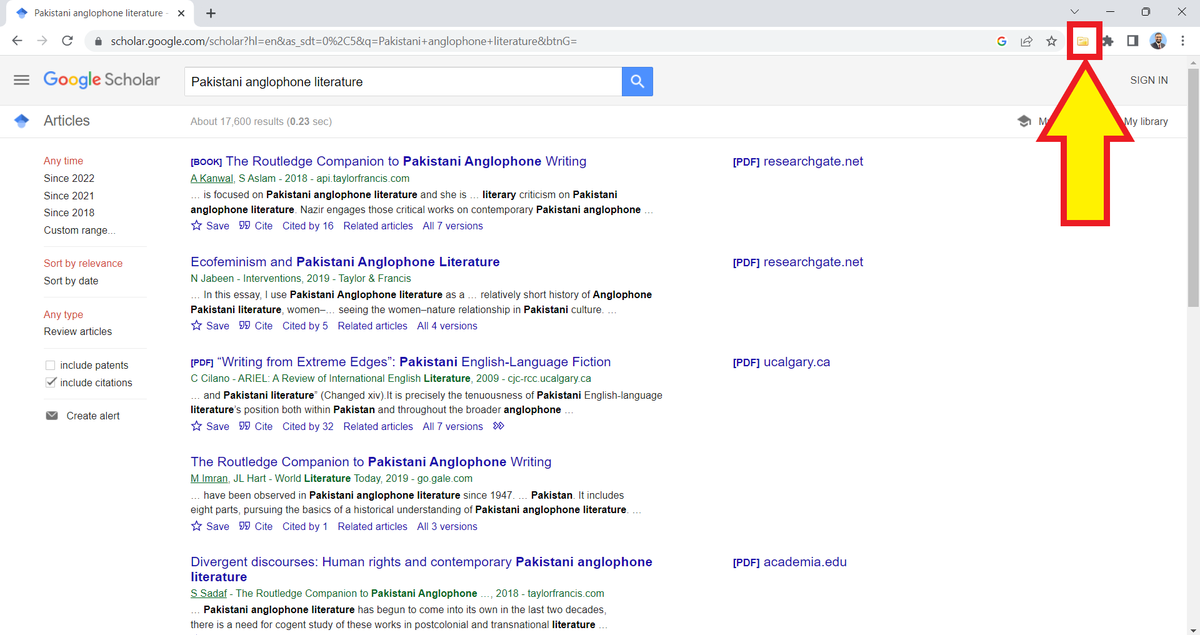 A screenshot of a Google Scholar page showing search results for "Pakistani Anglophone Literature." A yellow arrow points to the Zotero Connector in the top right corner.