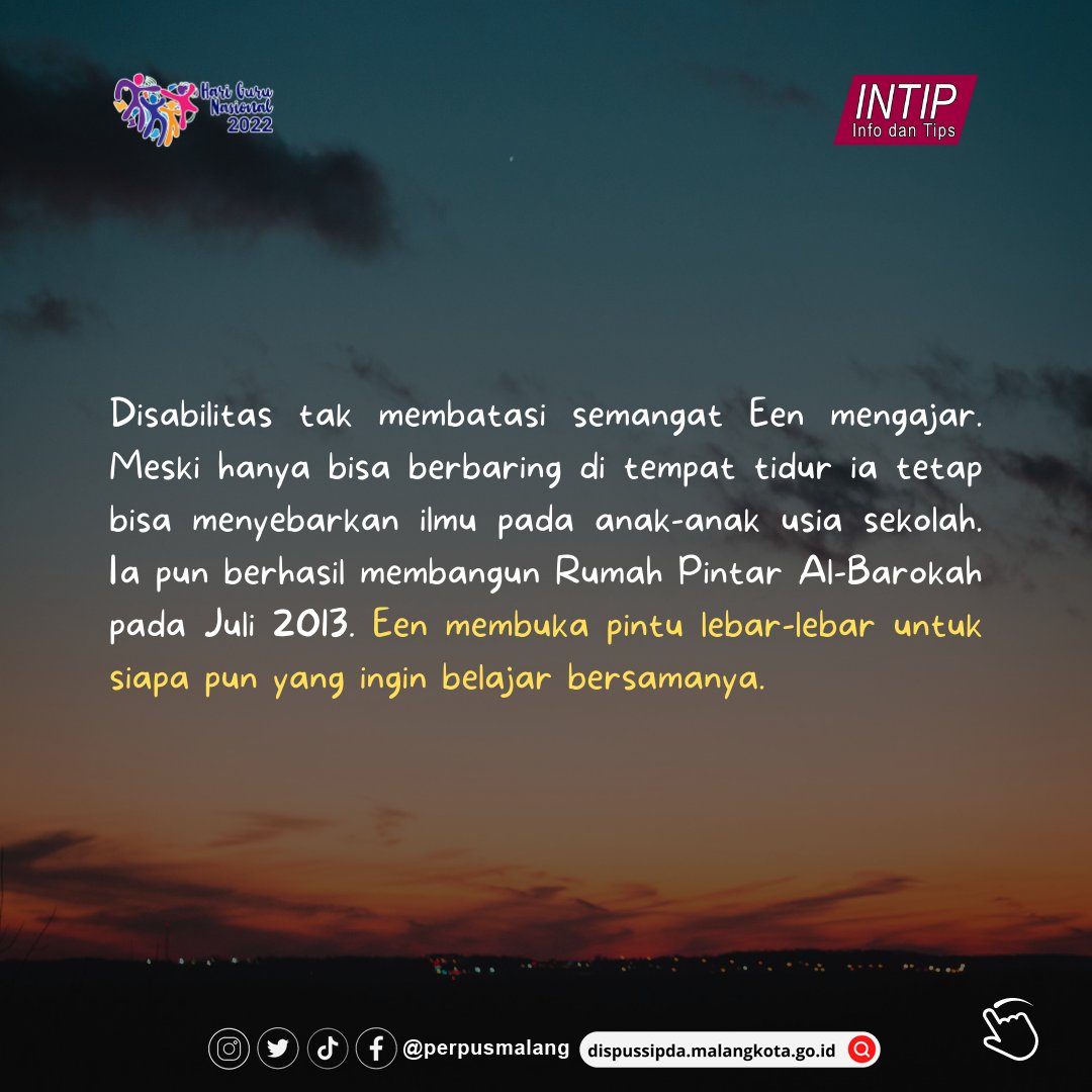 perpusmalang's tweet photo. #nawakdispussipda Dalam memperingati Hari Guru Nasional 25 November 2022, perjungan dan semangat Een akan sangat menginspirasi kita semua untuk terus menjadi pribadi yang baik dan peduli antar sesama umat manusia.
#perpustakaanumumkotamalang
#nawakdispussipda
#intips https://t.co/gAtgB0mUwj