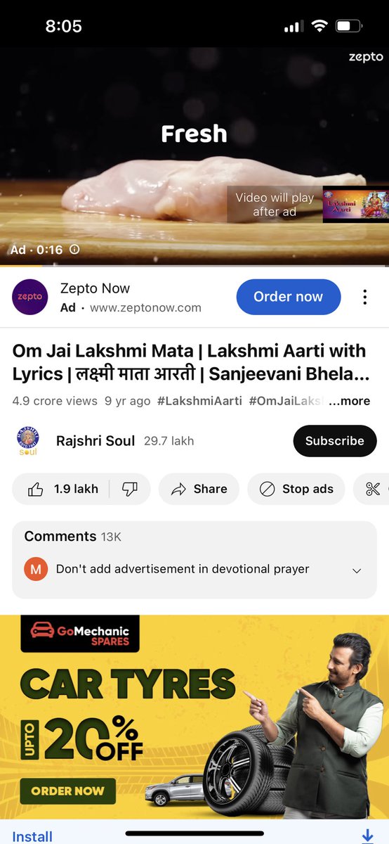 MehulJain2001's tweet photo. I am getting the same ad since I guess last 10 days before playing mahalakshmi aarti on YouTube, The ad of Non Veg, Chicken and all..This is really hearting my sentiments and purely not acceptable @YouTube and remove such ads with immediate effect @TeamYouTube @ZeeNews @rajshri https://t.co/3HHDf2kGMq