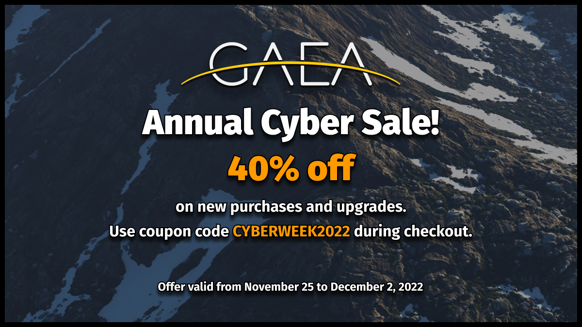 (⊙_◎) CyberWeek 2022! Get 40% off on new purchases and upgrades. Our biggest sale yet! quadspinner.com #gaea #vfx #virtualproduction #gamedev #terrains #environmentart #cg #simulations #cyberweek #blackfriday #blackfriday2022