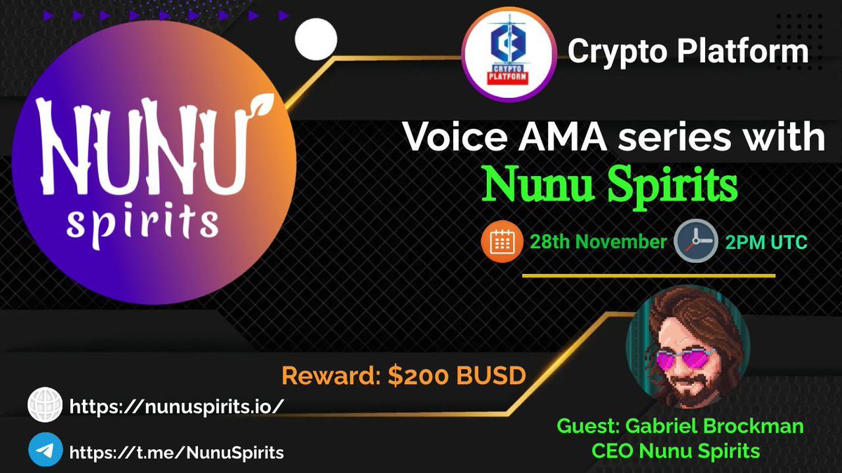 Plat_CryptoUSA's tweet photo. ⚔️AMA Series With Nunu Spirits

🎁Prize: $200
📆Date: 28th November , 2022, 02:00 PM UTC
🏨 Venue: https://t.co/t24qZz94YY

〽️ Rules:

1️⃣. Follow

@CryptoPlatform6

@nunuspiritsnft
 
2️⃣. Like Retweet &amp; Comment Your Questions (5 Questions Max) Tag 3 friends. https://t.co/FrnvGEY0Sa