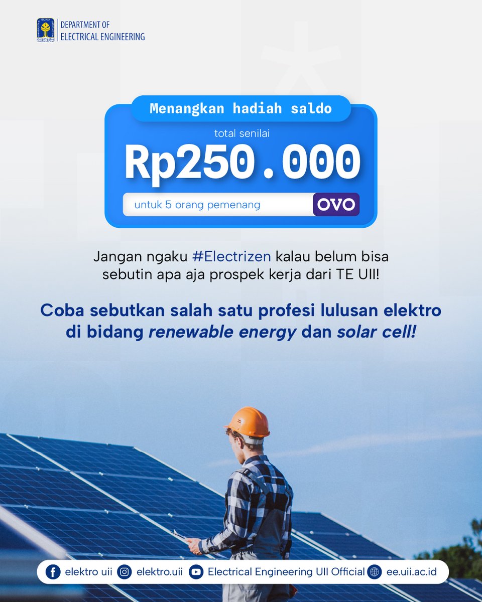 ElektroUii's tweet photo. Jumat berkah saatnya bagi-bagi hadiah!🎉 Yuk, jawab pertanyaan ini dan dapatkan SALDO OVO TOTAL Rp 250.000 hanya untuk 5 orang beruntung! 

Caranya:
1.Follow Twitter @ElektroUii
2.Tulis jawabanmu dengan cara quote retweet
3.RT dan like postingan TE UII https://t.co/TxoaFKlnGN
