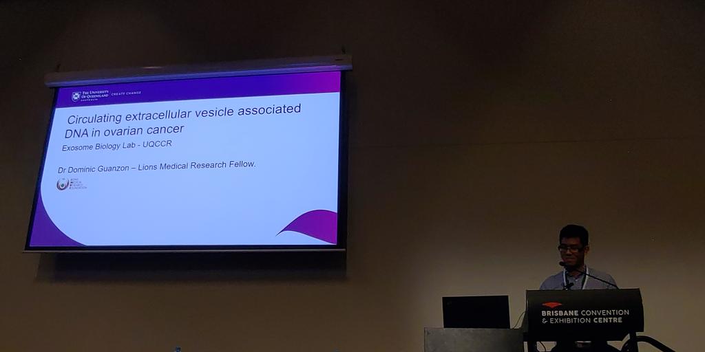 Fantastic talk Dr. Dominic Guanzon at #brisbanecancerconference Extracellular vesicles DNA and Companion diagnostic test for ovarian cancer <a href="/cfsalomo/">Carlos Salomon</a> @ExosomeLab <a href="/UQMedicine/">UQ Medicine</a> #uqccr #ovariancancer